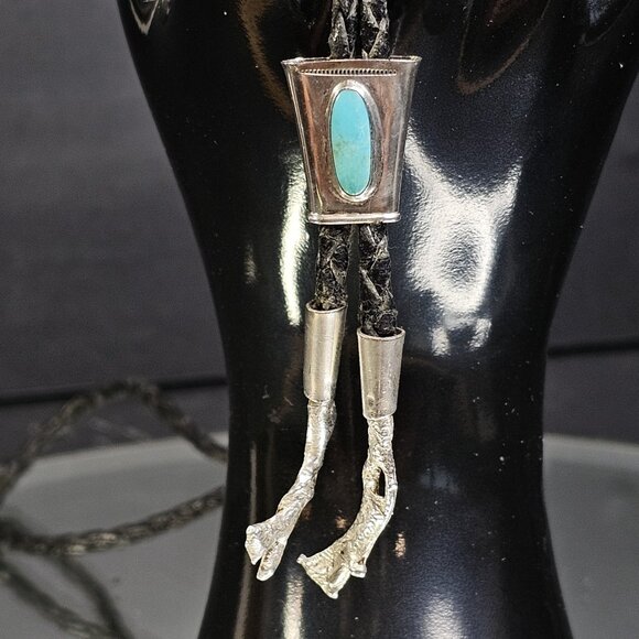 Navajo Silver And Turquoise Bolo Tie With Sterling Silver Tips Small Simple - Picture 5 of 11